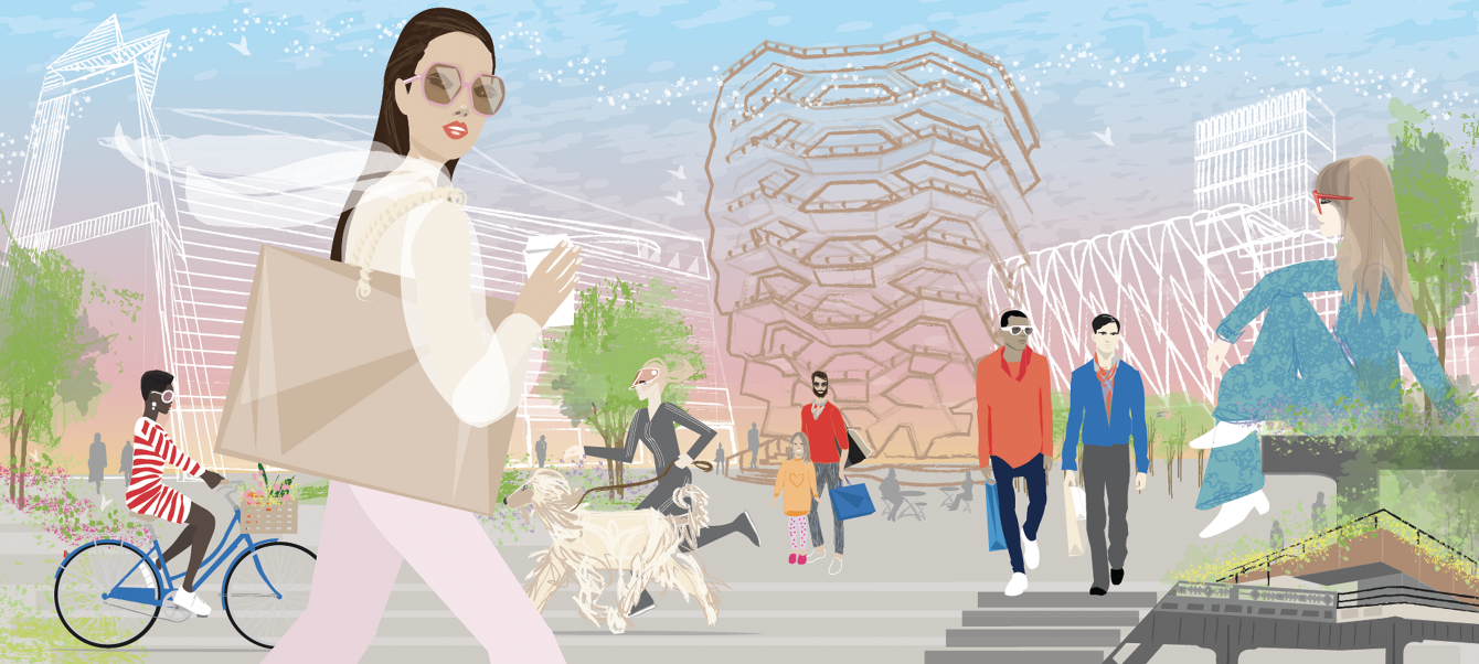 Digital Illustration of Hudson Yards with colorful fashion character in Hudson Yards NYC neighborhood for retail and dining by illustrator don oehl, digital, NYC