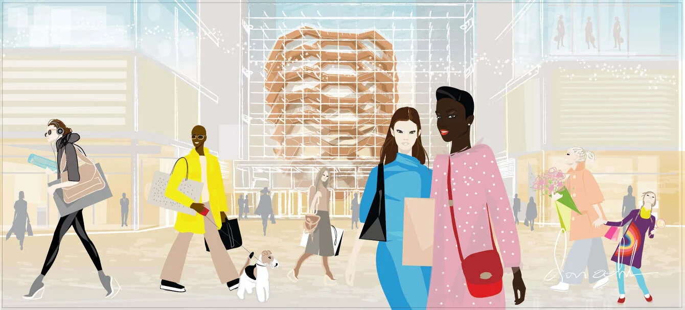 Digital illustration by illustrator don oehl of fashionable luxury shoppers retail shopping at Hudson Yards NYC