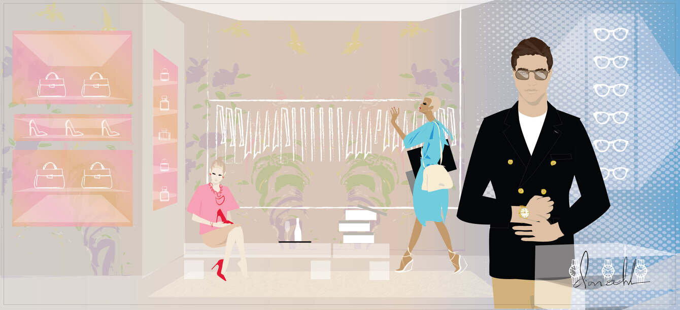 Digital illustration by illustrator don oehl of fashionable man trying on watch, and two women luxury retail shopping at Hudson Yards NYC.