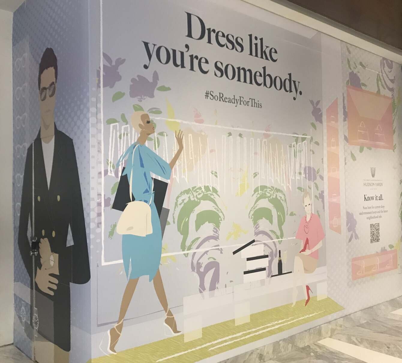 Wall OOH by illustrator don oehl of fashionable man trying on watch, and two women luxury retail shopping at Hudson Yards NYC.