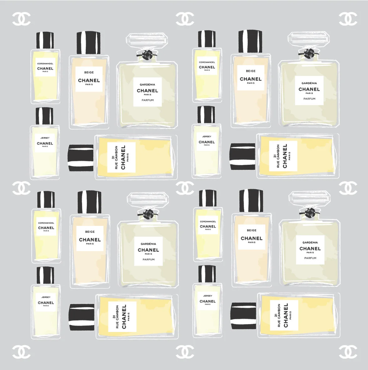 Chanel Bottles fragrance illustration for Chanel Fragrance, illustrated by don oehl, New York City.