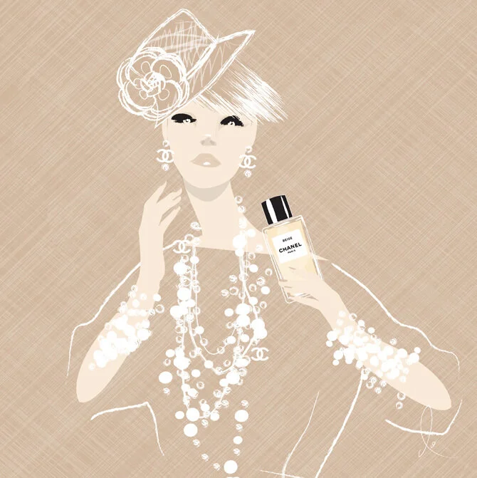 Beige fragrance fashion illustration for Chanel Fragrance, illustrated by fashion illustrator Don Oehl, New York City.