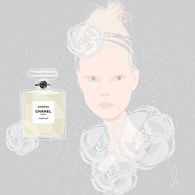 Gardenia fragrance fashion illustration for Chanel Fragrance, illustrated by illustrator Don Oehl, New York City.