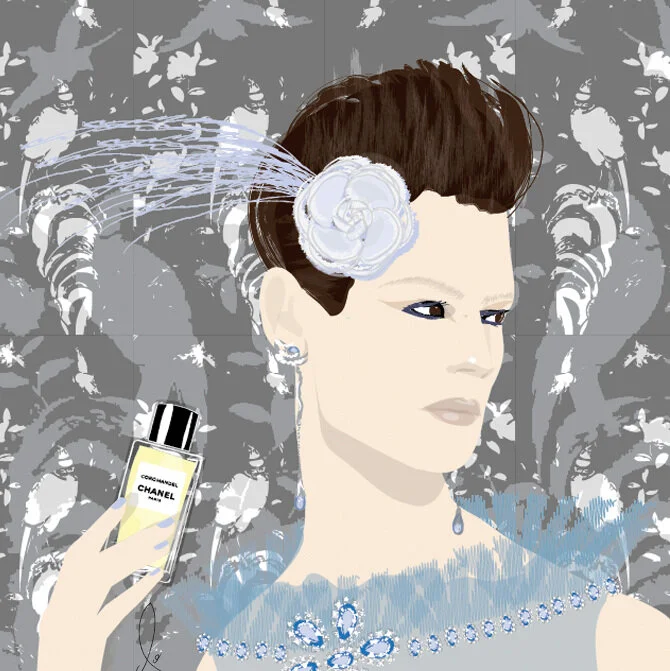 Coromandel fragrance illustration for Chanel Fragrance, illustrated by fashion illustrator Don Oehl, New York City.