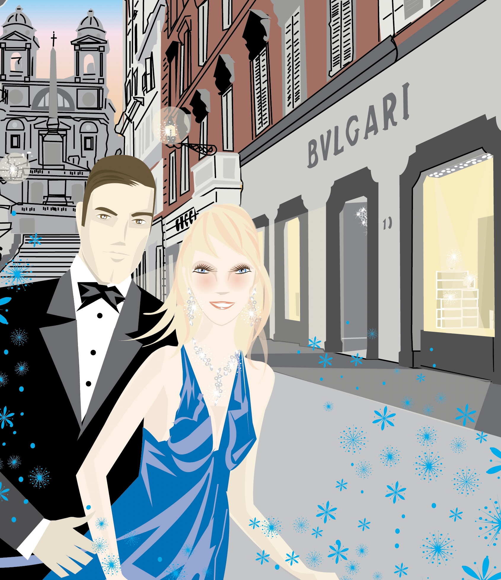 Main couple on Via Condotti for Bulgari Holiday Book by fashion illustrator don oehl