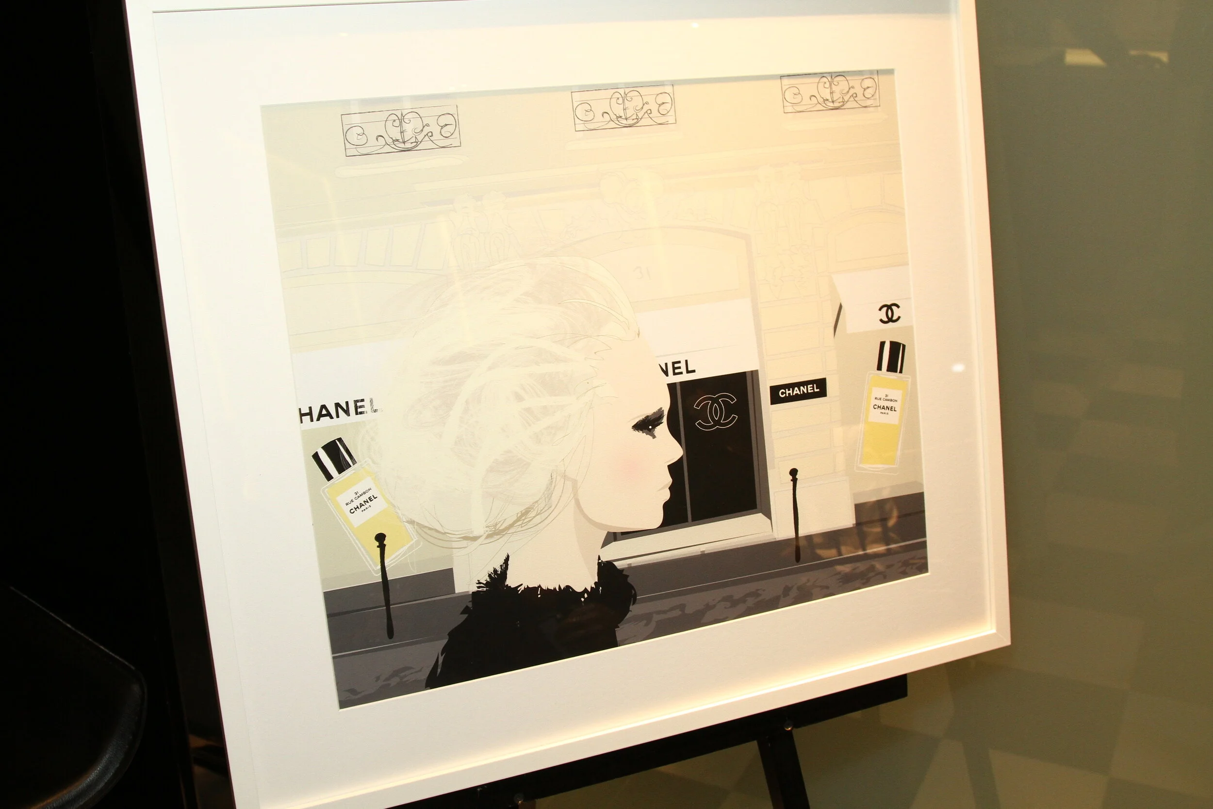 Framed Art Print of Chanel Rue Cambon fragrance illustration for Chanel Fragrance, by don oehl, New York City.