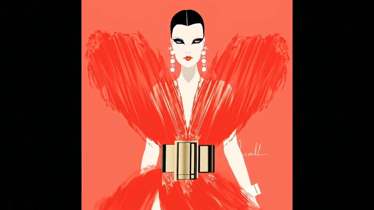 Luxury digital fashion animation of woman in a dramatic red couture gown with  feathered sleeves and metallic belt, illustrated and animated in AI by fashion illustrator don oehl