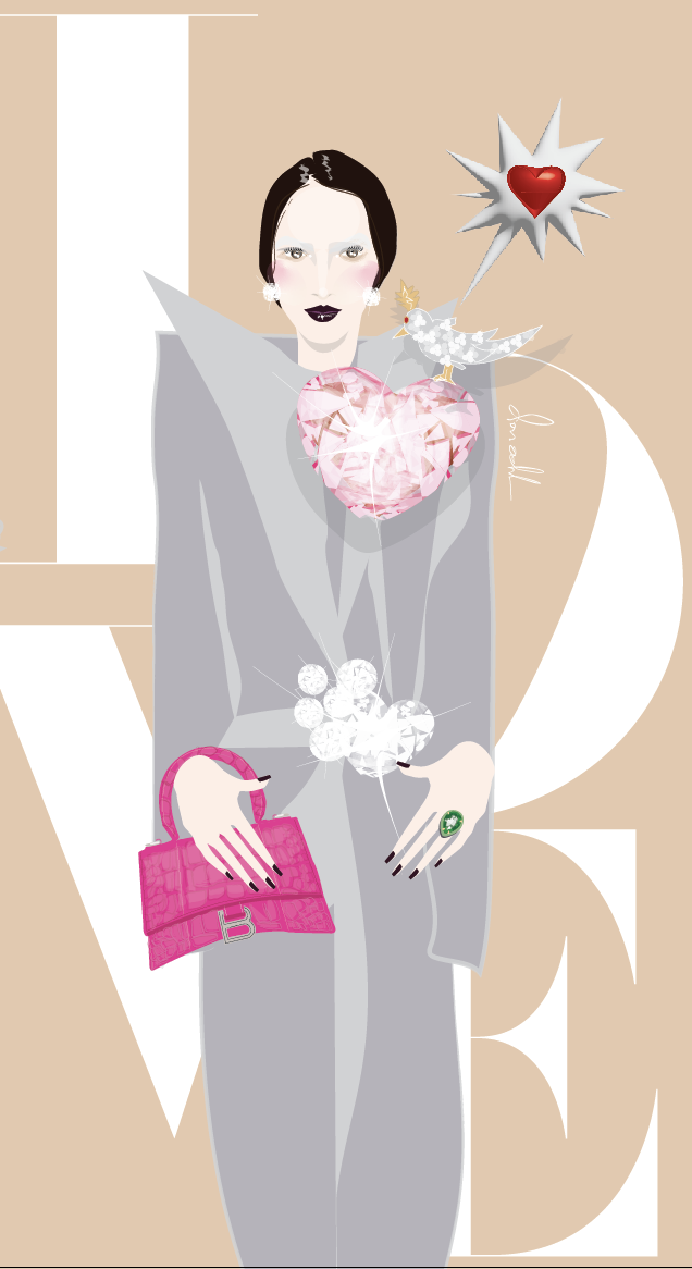 LOVE Fashion illustration of a woman in grey overcoat, Schulmberger “Bird on a Rock” brooch with Pink Heart-shaped diamond for Tiffany&Co., by illustrator don oehl, digital, New York City
