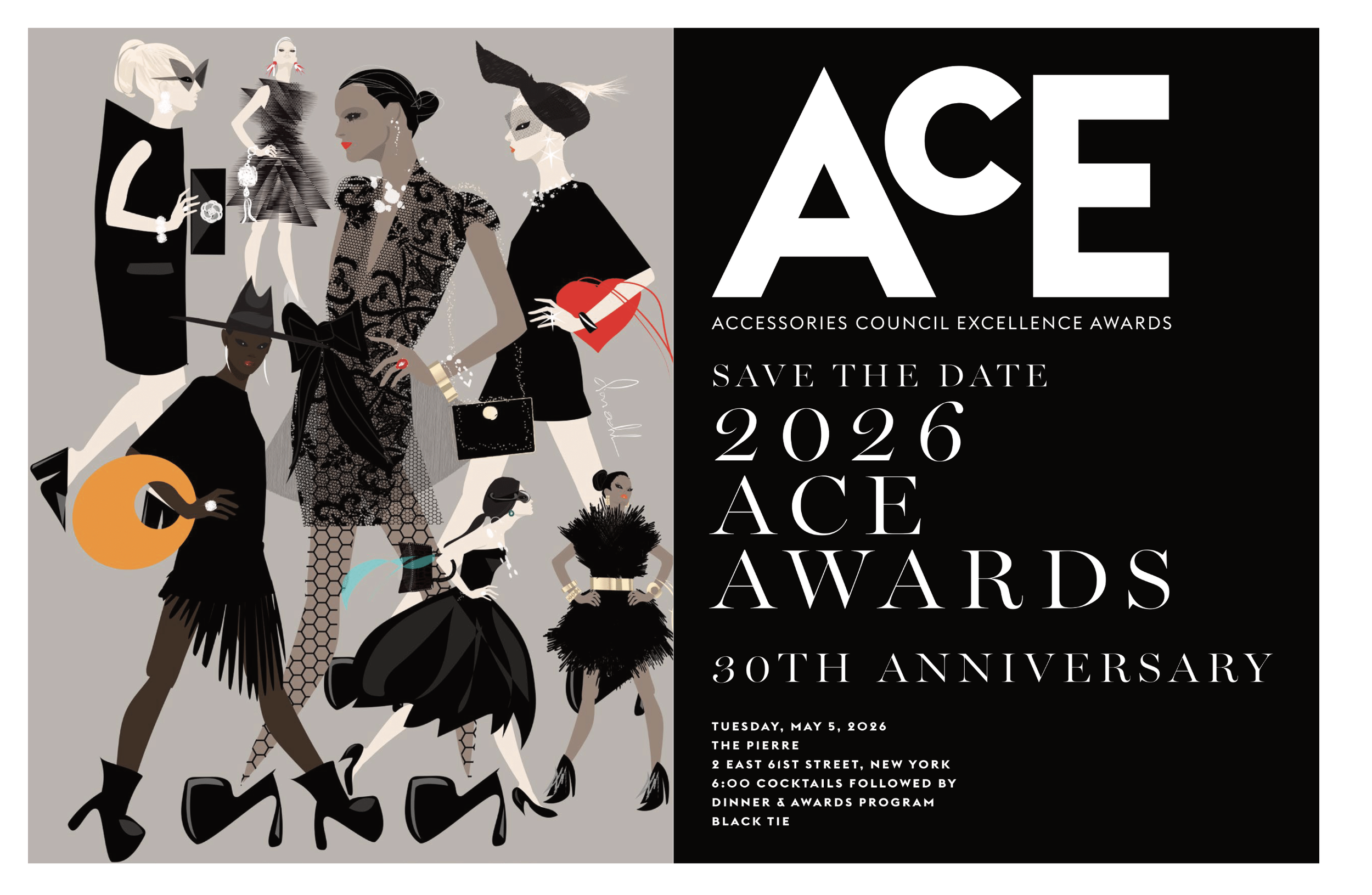 Editorial Save the Date! luxury illustration for Accessories Council Awards 2026 by fashion illustrator Don Oehl, NYC