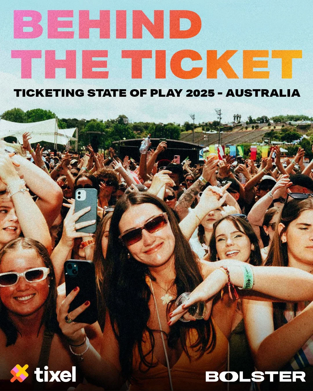 Daytime photo of young, happy people at Laneway Festival, smiling and wearing sunglasses, with many holding their phones up to take photos. The report heading says "Behind The Ticket Ticketing State of Play 2025" with the Bolster and Tixel logos.