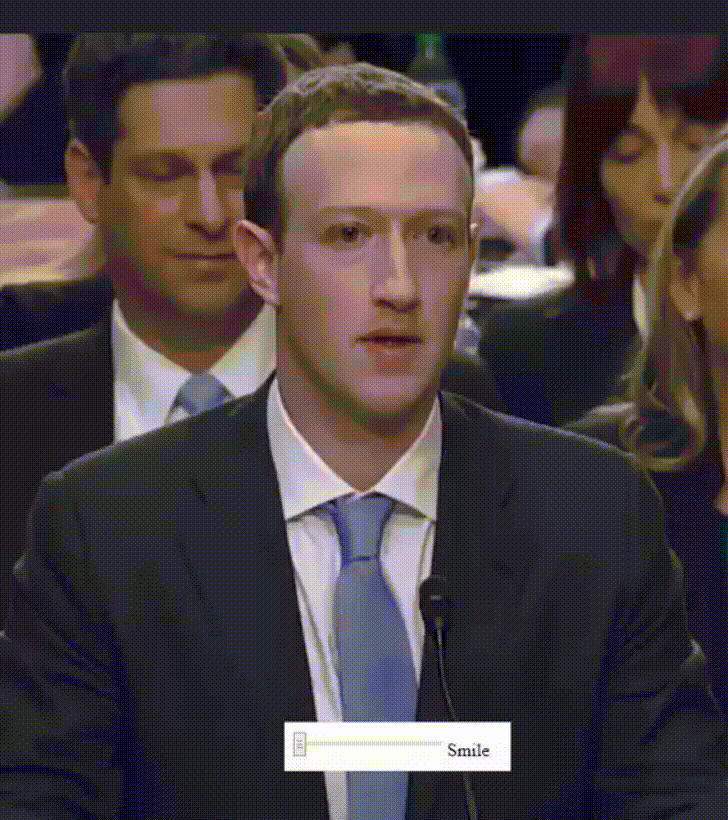 A humorous GIF of Mark Zuckerberg saying "Senator, we run ads" while a SMILE scroller shows up at the bottom, as if he is dialling his smile up like a robot.