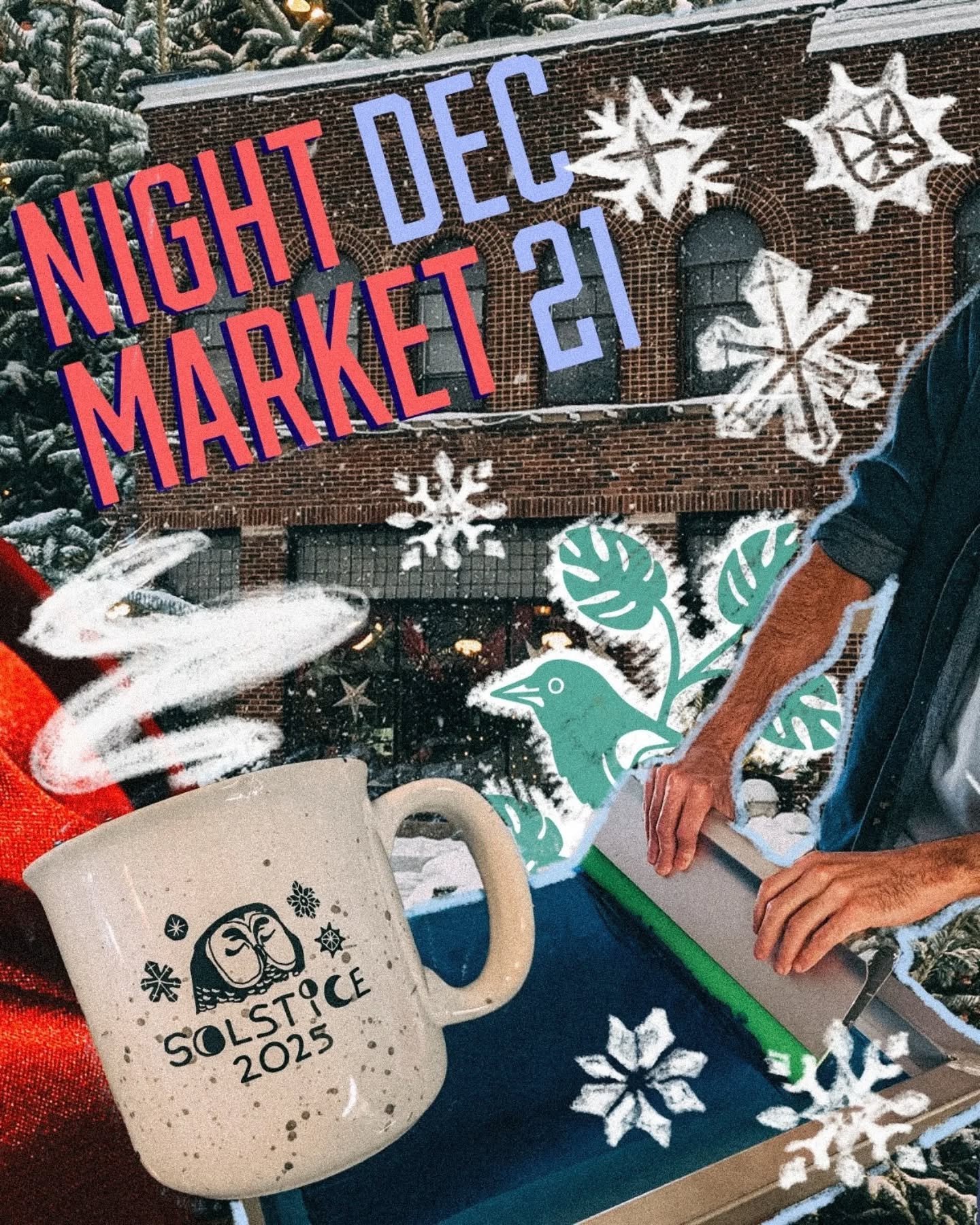 Celebrate the Winter Solstice with us on Sunday, December 21st from 6-9pm! 🌌🦉 We will be open late with DIY screen printing, holiday drinks served in limited-edition Winter Solstice mugs (yours to keep, while supplies last), tarot readings, and loc