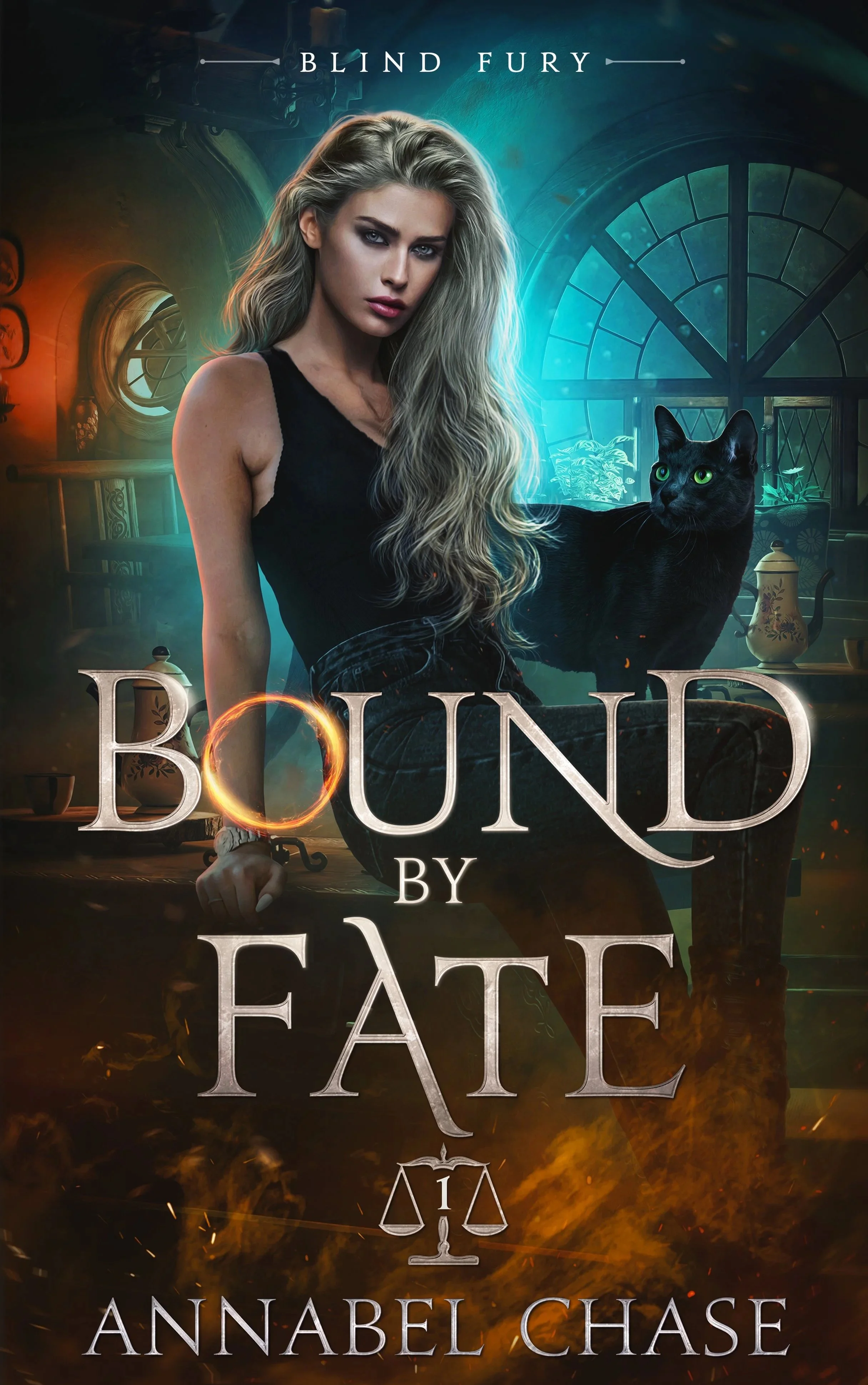 woman and black cat on table