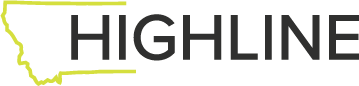 Logo with the word HIGHLINE and a yellow outline of the state of Montana