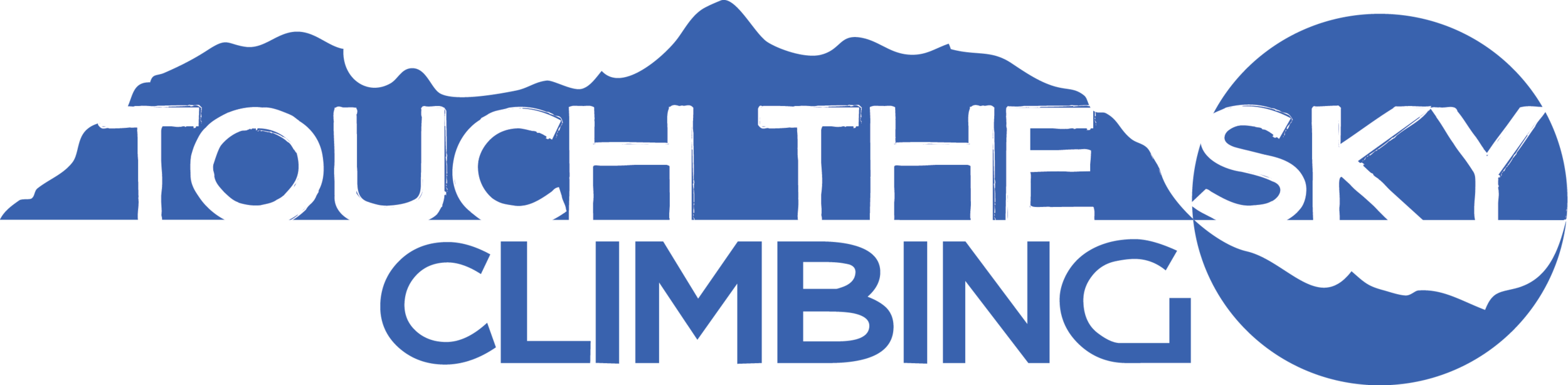 Text in the shape of mountain peaks and the moon that reads, "Touch the Sky Climbing."