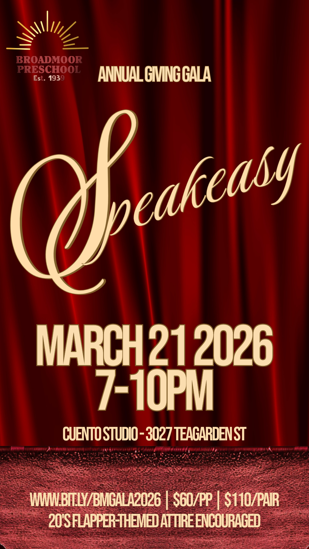 Speakeasy Gala March 21 2026 from 7-10pm at cuento studio in san leandro purchase tickets at $60 for one person and $110 for a pair visit bit.ly/bmgala2026