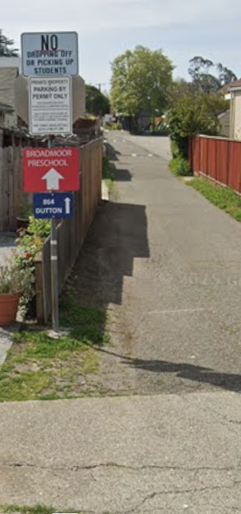 A google maps photo showing Gill Lane in San Leandro and a sign that says 'Broadmoor Preschool' to show how to get to the preschool