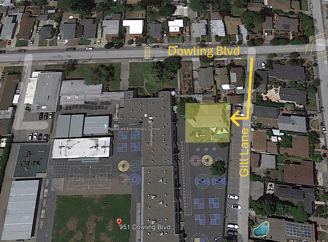Google Earth Topview of Dowling Blvd and Gill Lane with arrow pointing to Broadmoor Preschool entrance