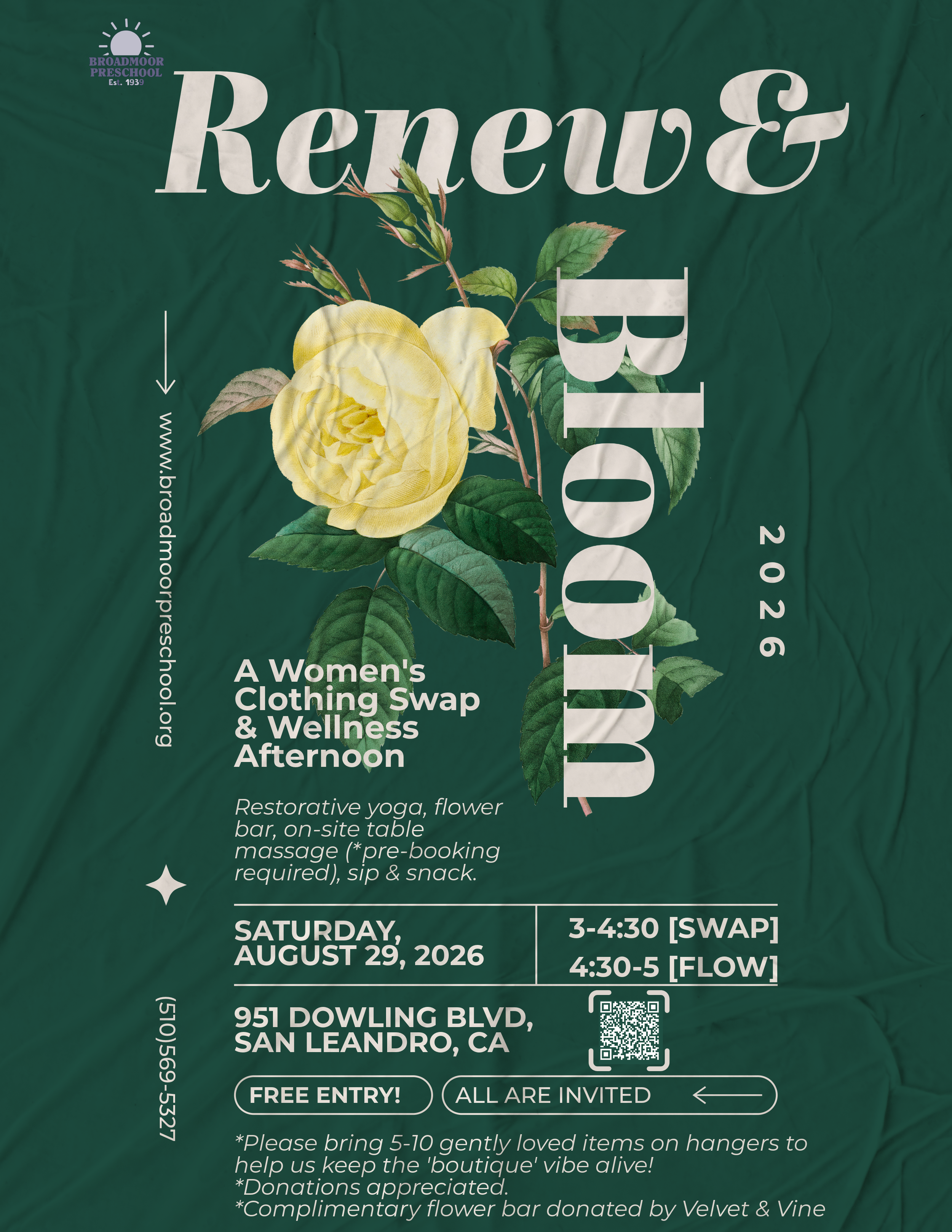A flyer featuring a pale yellow rose that advertises renew and bloom - a women's clothing swap and wellness afternoon where women from our neighborhood and beyond come to swap clothing, meet other women, make a complimentary bouquet to take home
