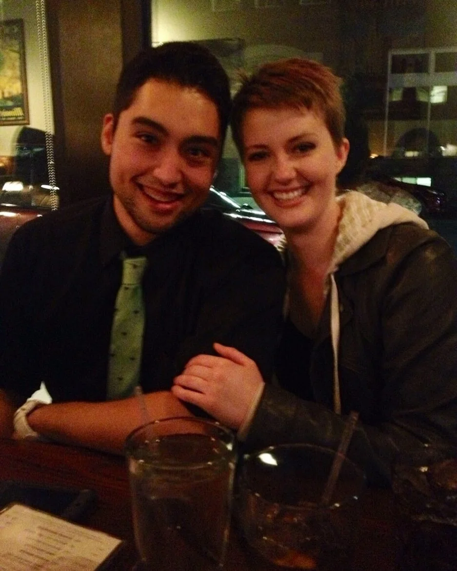 Our first photo as a couple: Blake&rsquo;s 21st birthday dinner at Old Chicago with his family, taken by his mom. #megsandblacon