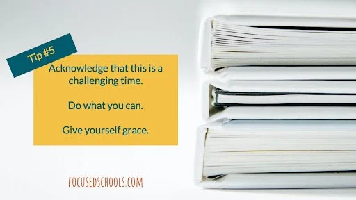 Motivational tip about self-compassion with stacked books image, from FOCUSEDSCHOOLS.COM.