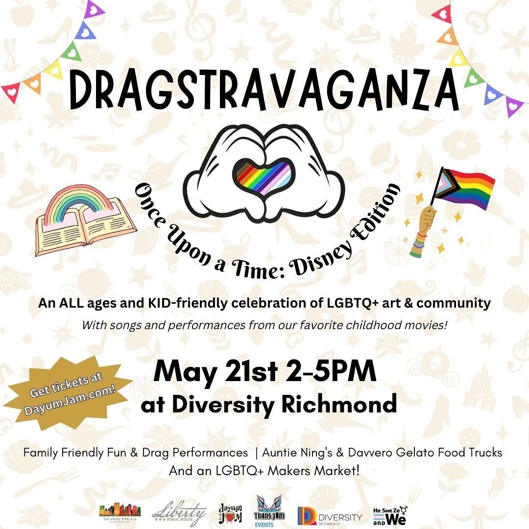 Hey you! Come out to this amazing event to support love for all, Disney edition! Get you tickets now at dayumjam.com! Bring the whole family for a good time!

#drag #rva #dragqueen #dragking #loveislove #loveforall