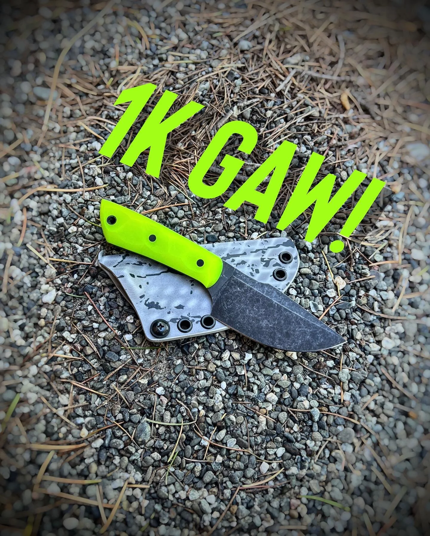 Thank you all for following! It means a lot to me that people are actually interested in looking at and purchasing things I make 😂 1k seemed impossible when I was grinding ugly knives on a harbor freight 1X30 

Zmax Acer 
68 hrc +\-
Dayglow G10 scal