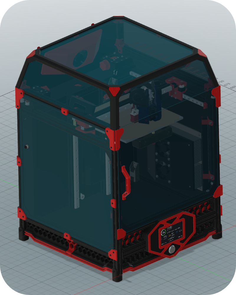 I wanted to be able to print exotic filaments, requiring greater temperatures from the Hotend, Hotbed and the printer enclosure to keep the plastic at the correct heated state uniformly throughout printing. The 8mm thick walls with honeycomb aluminum