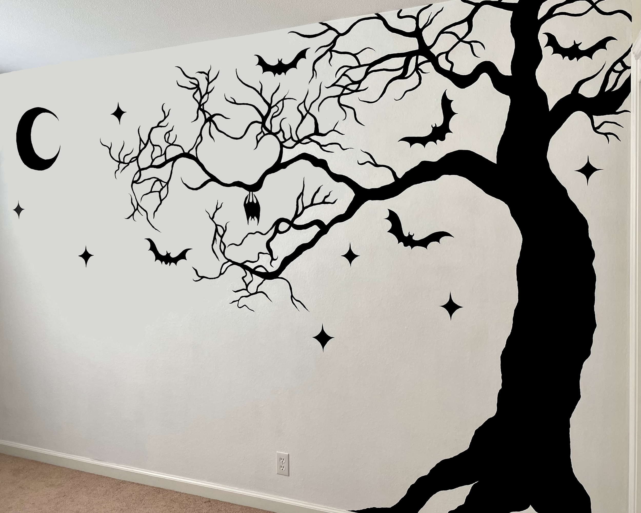 Hand-painted mural for residential spaces. Enchanted forest black and white silhouette for nursery decor. Custom murals for interior design and home decor. 