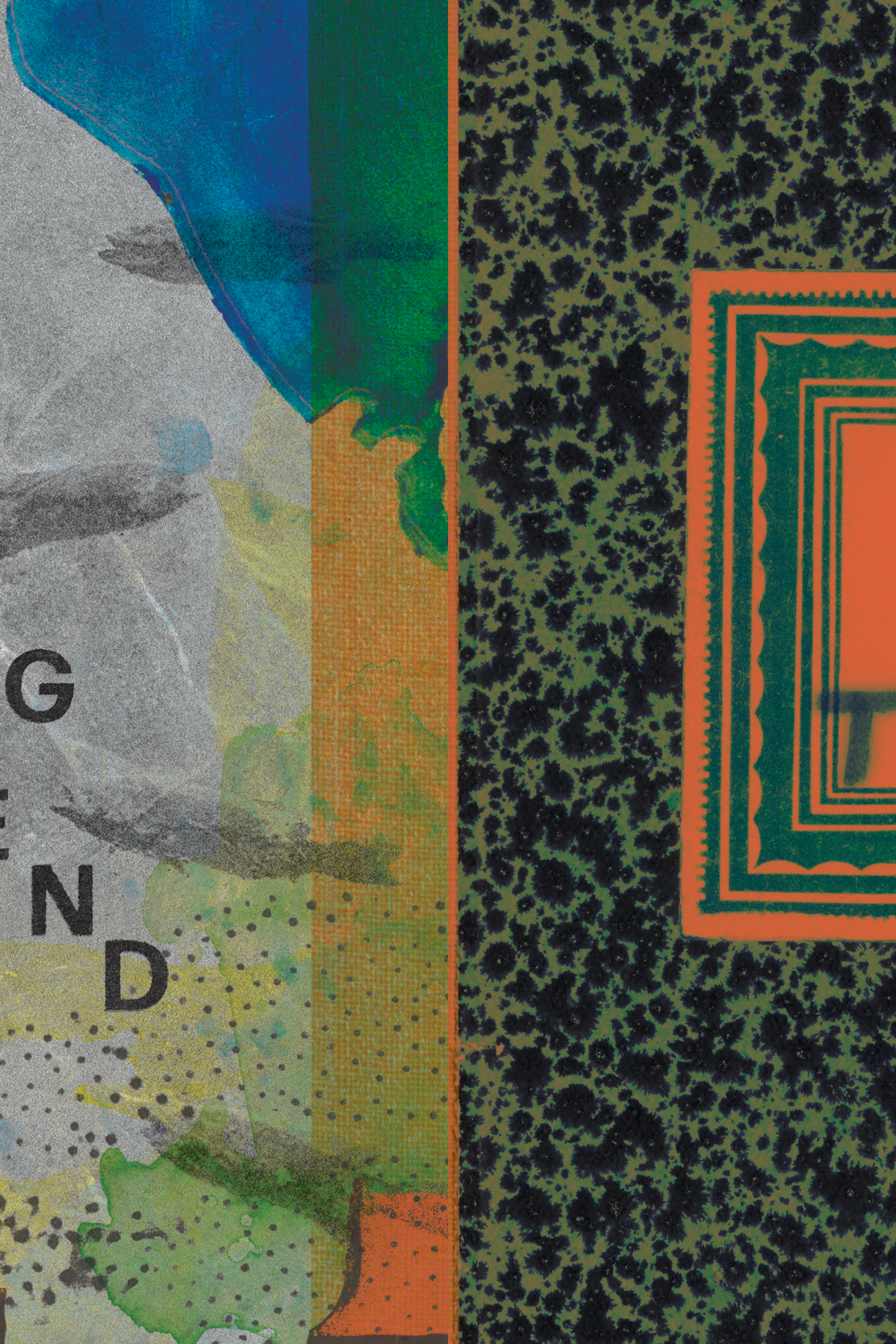 Close-up of a vintage notebook cover showing different textures, colors, and patterns, including part of a portrait, text, and decorative design elements.