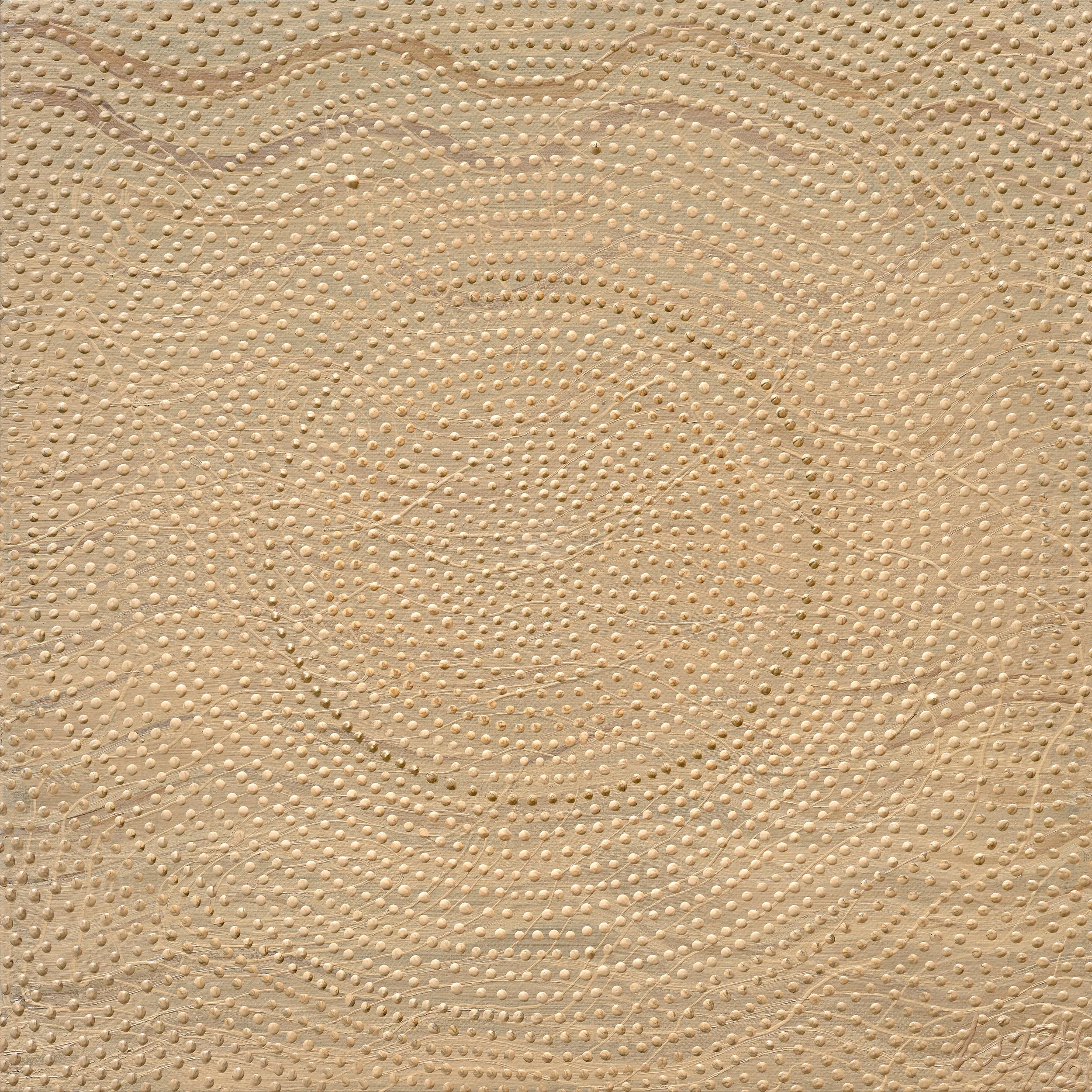 Drifting original artwork by Lizzy Stageman, featuring soft cream and beige tones, circular linework and driftwood-like texture.