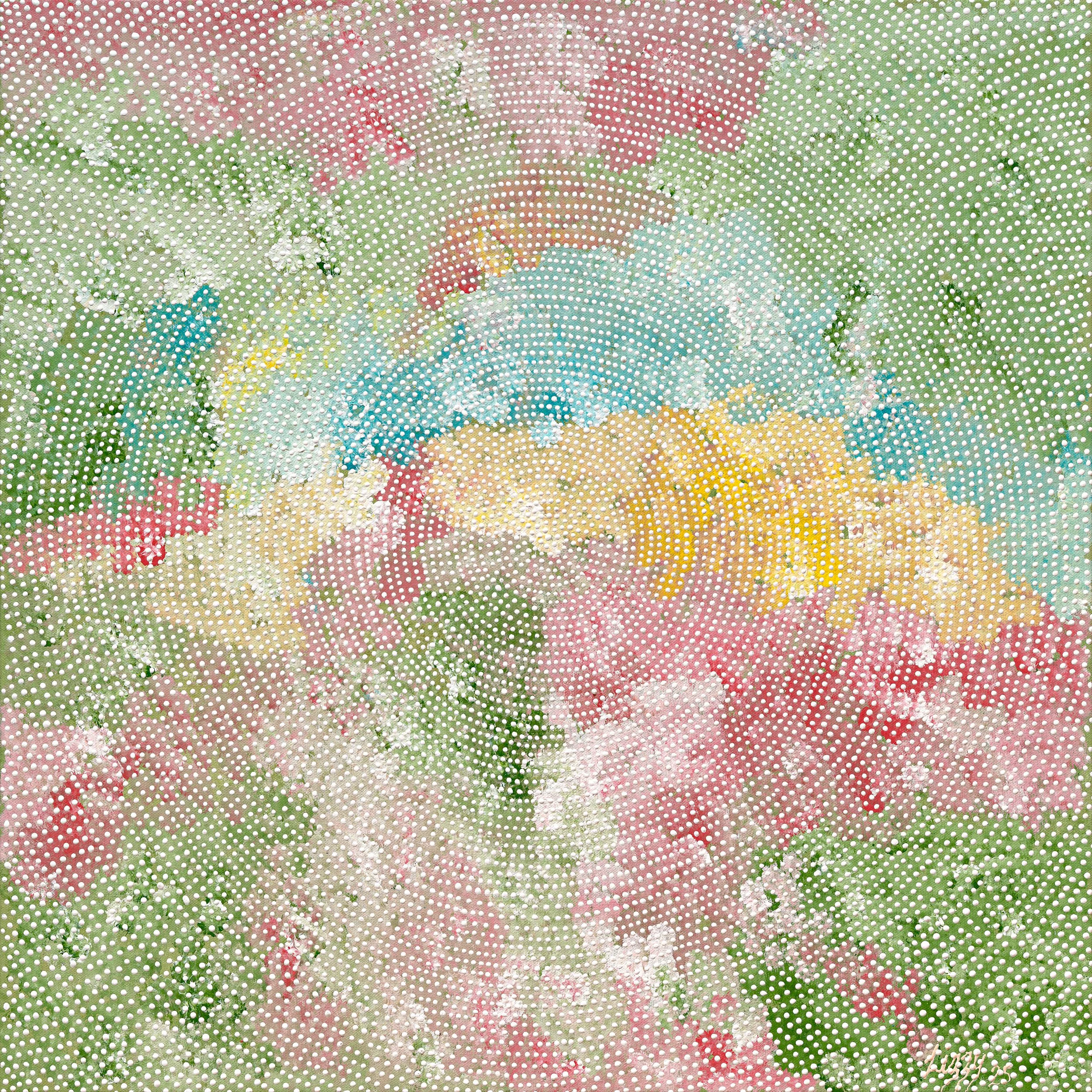 Spring Time original artwork by Lizzy Stageman, featuring soft green, pink, yellow and blue floral tones with circular linework.