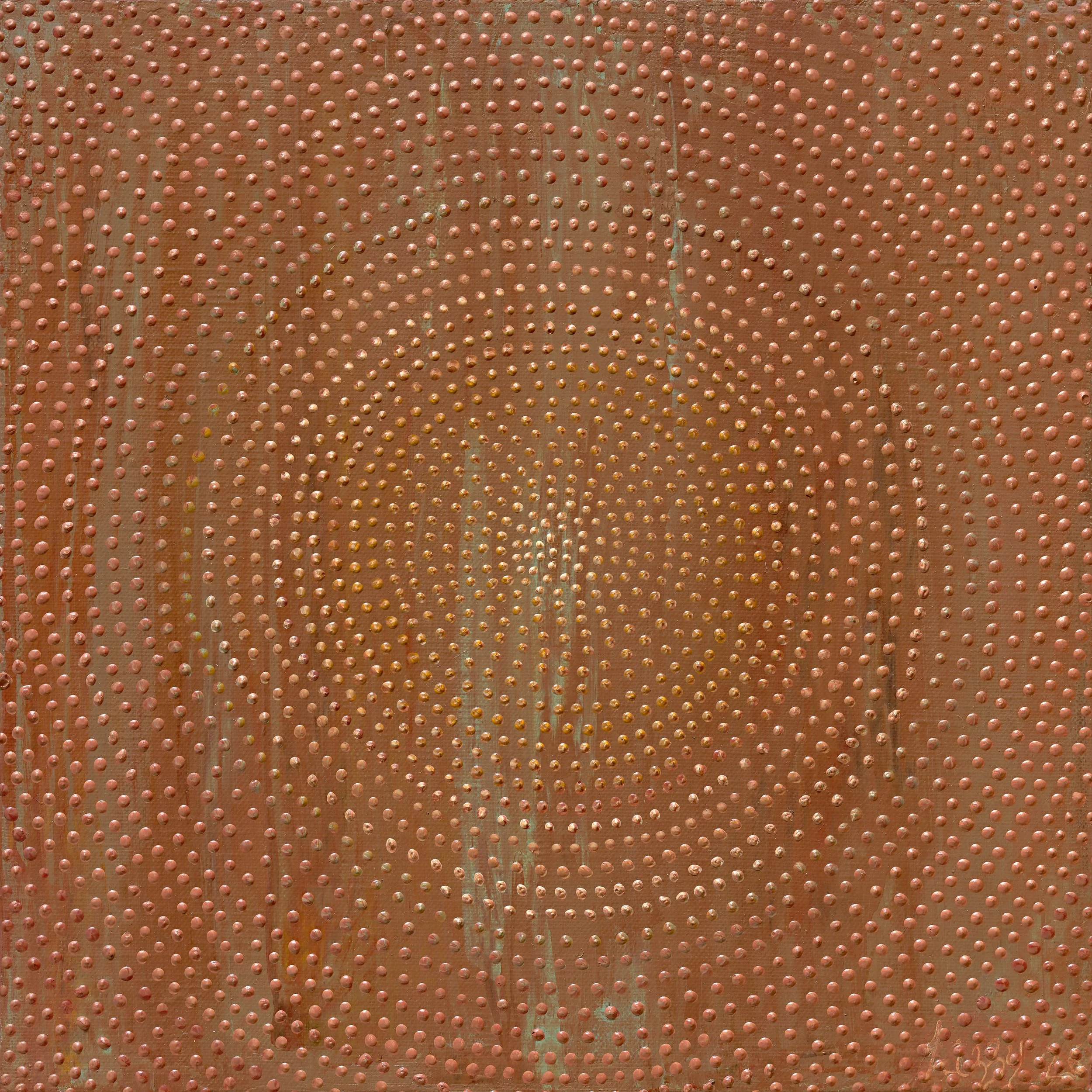 Old but Not Forgotten original artwork by Lizzy Stageman, featuring earthen rust tones, circular linework and subtle textured markings.