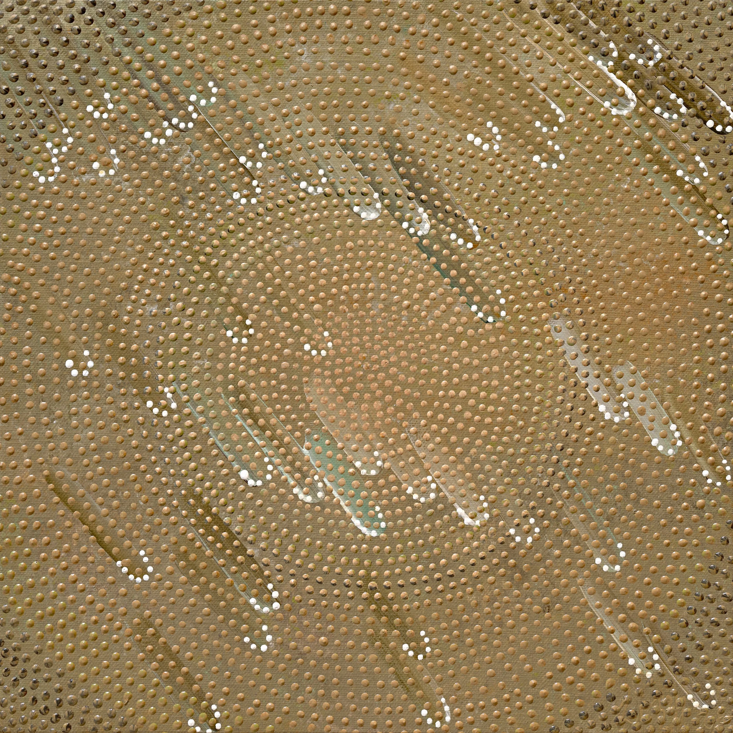 Fleeting Moment original artwork by Lizzy Stageman, featuring earthy brown tones, circular linework and pale rain markings.