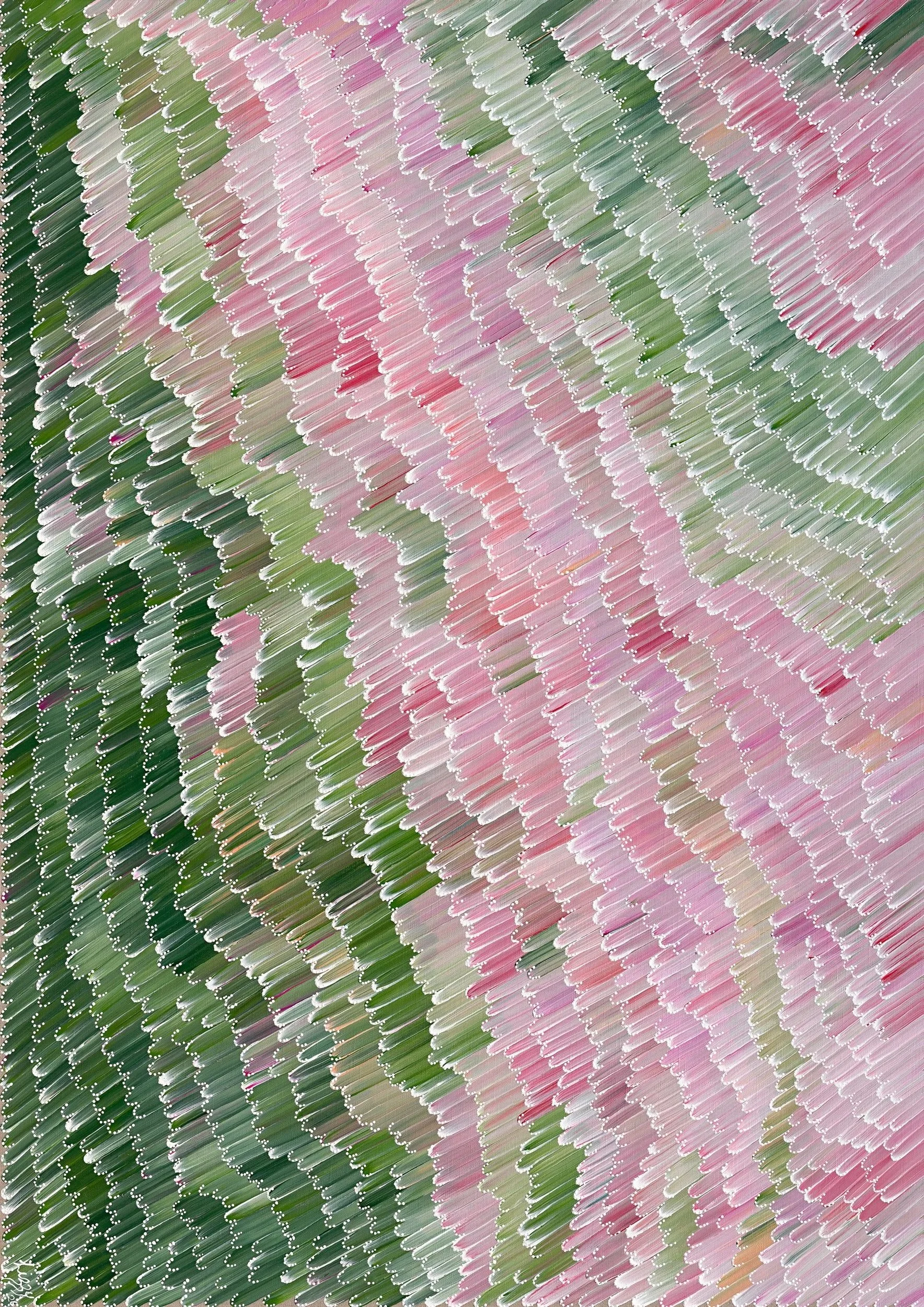 Field of Dreams original artwork by Lizzy Stageman, featuring soft pink flowers, green grasses and flowing rain markings.