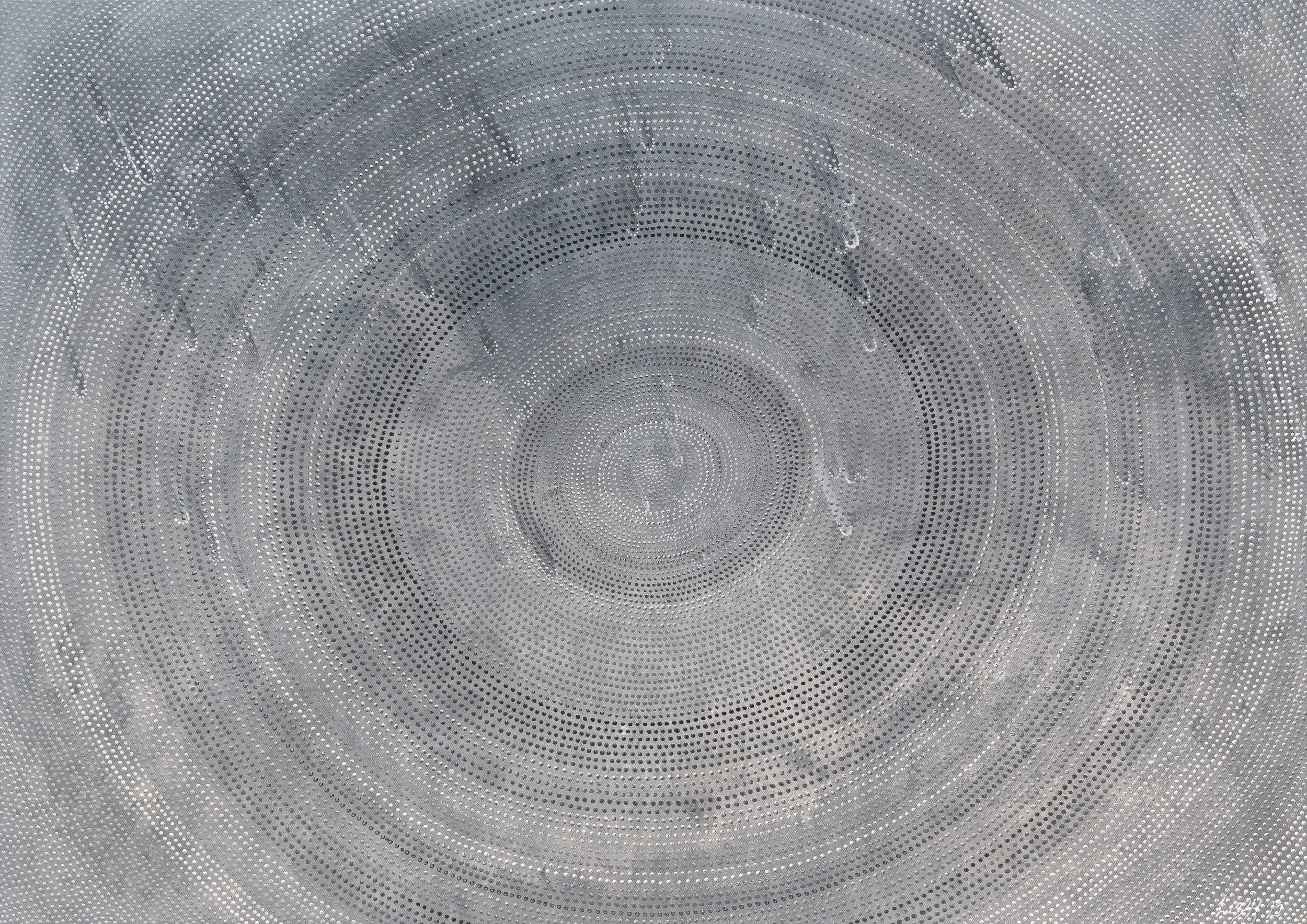 After the Fire original artwork by Lizzy Stageman, featuring soft grey tones, circular linework and subtle rain markings.