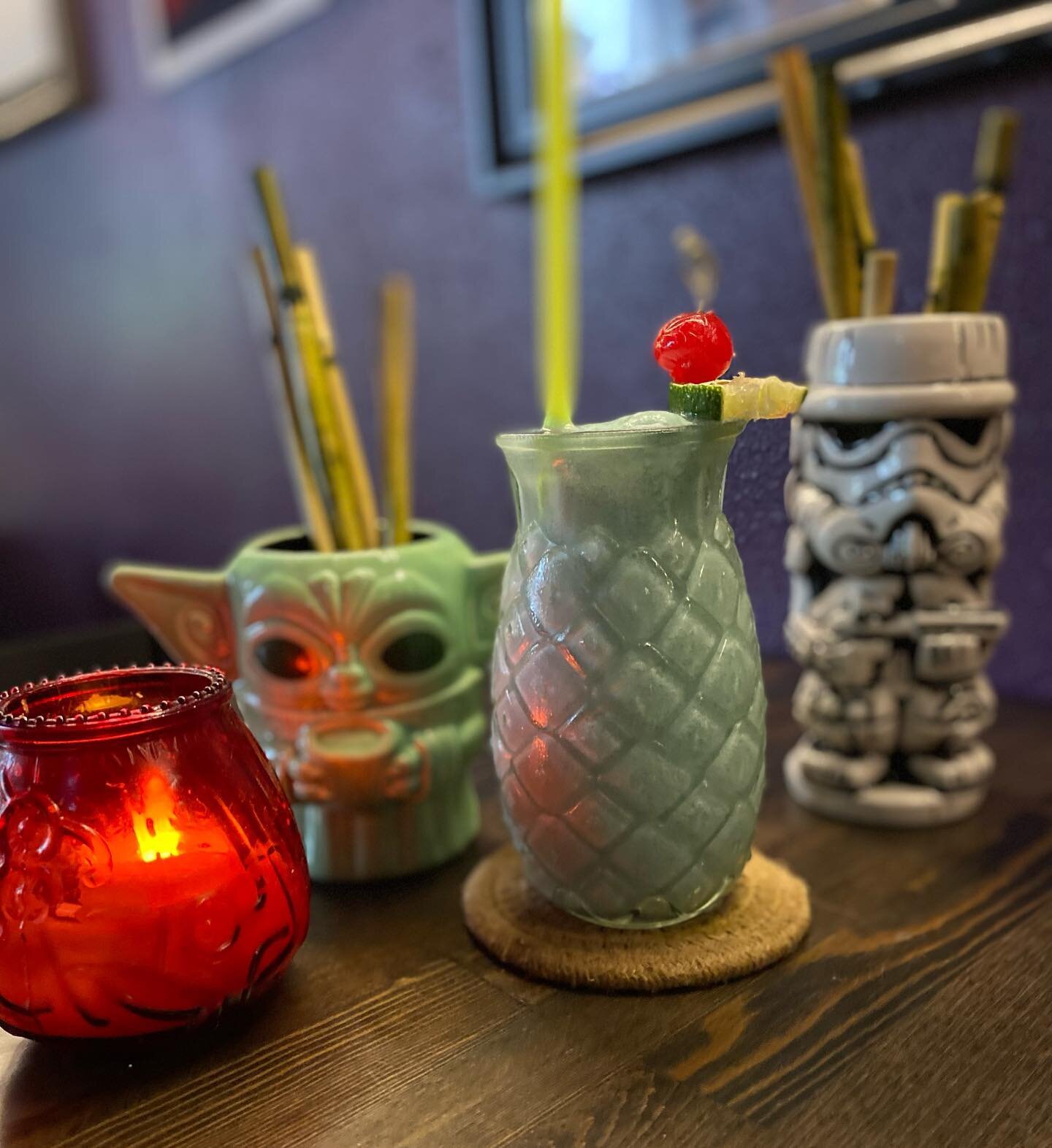 Tatooine Pi&ntilde;a Colada! Grogu and Storm Trooper approved! Available tonight at NiteOwl! #maythe4thbewithyou 🦉 
.
.
737 Main St. Unit F. (8th &amp; Main) 
Open Tue-Sat 5pm to LastCall &amp; (Closed Sunday &amp; Monday)
.
.
#NiteOwlBar #tropicald