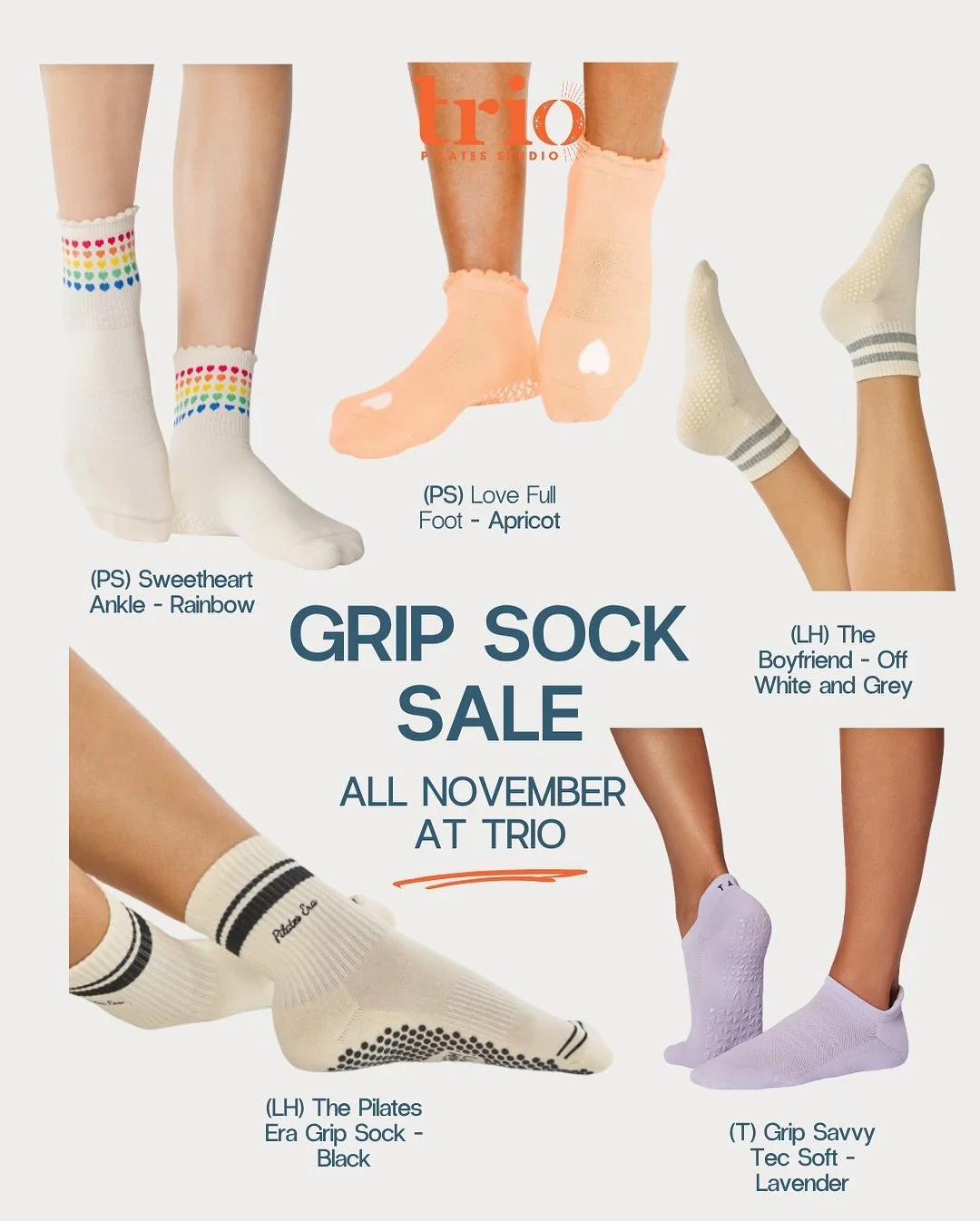 🧦✨ GRIP SOCK SALE ALL MONTH! ✨🧦
 It&rsquo;s officially gift-giving + stocking-up season &mdash; and we&rsquo;ve got you covered.

For all of November, when you:
 &rarr; Buy 3+ pairs of grip socks or leg warmers
 You&rsquo;ll receive 20% OFF your to