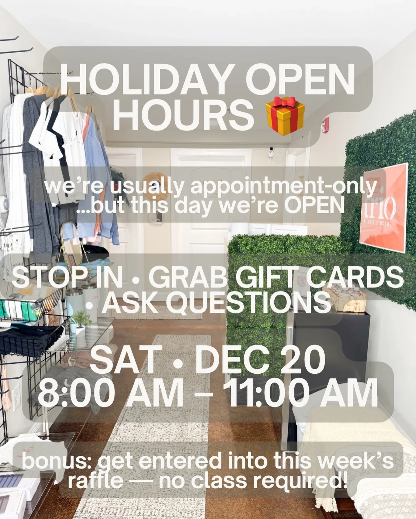✨ Holiday reminder ✨

We&rsquo;re normally appointment-only, but this SATURDAY is your last chance to stop by Trio during our holiday open hours &mdash; no class scheduled required.

📍 Saturday, December 20
 ⏰ 8:00&ndash;11:00 AM

Swing in to grab g