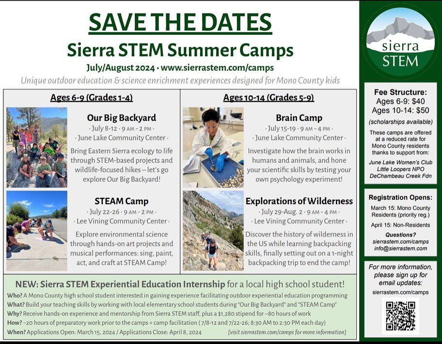 Sierra STEM is hosting FOUR summer camps this year! Here are the highlights:
🧪 2 camps for ages 6-9 and 2 camps for ages 10-14
🏔️ hikes and labs to learn about Sierra ecology during Our Big Backyard
🎨 STEM-related arts, crafts, and performances du