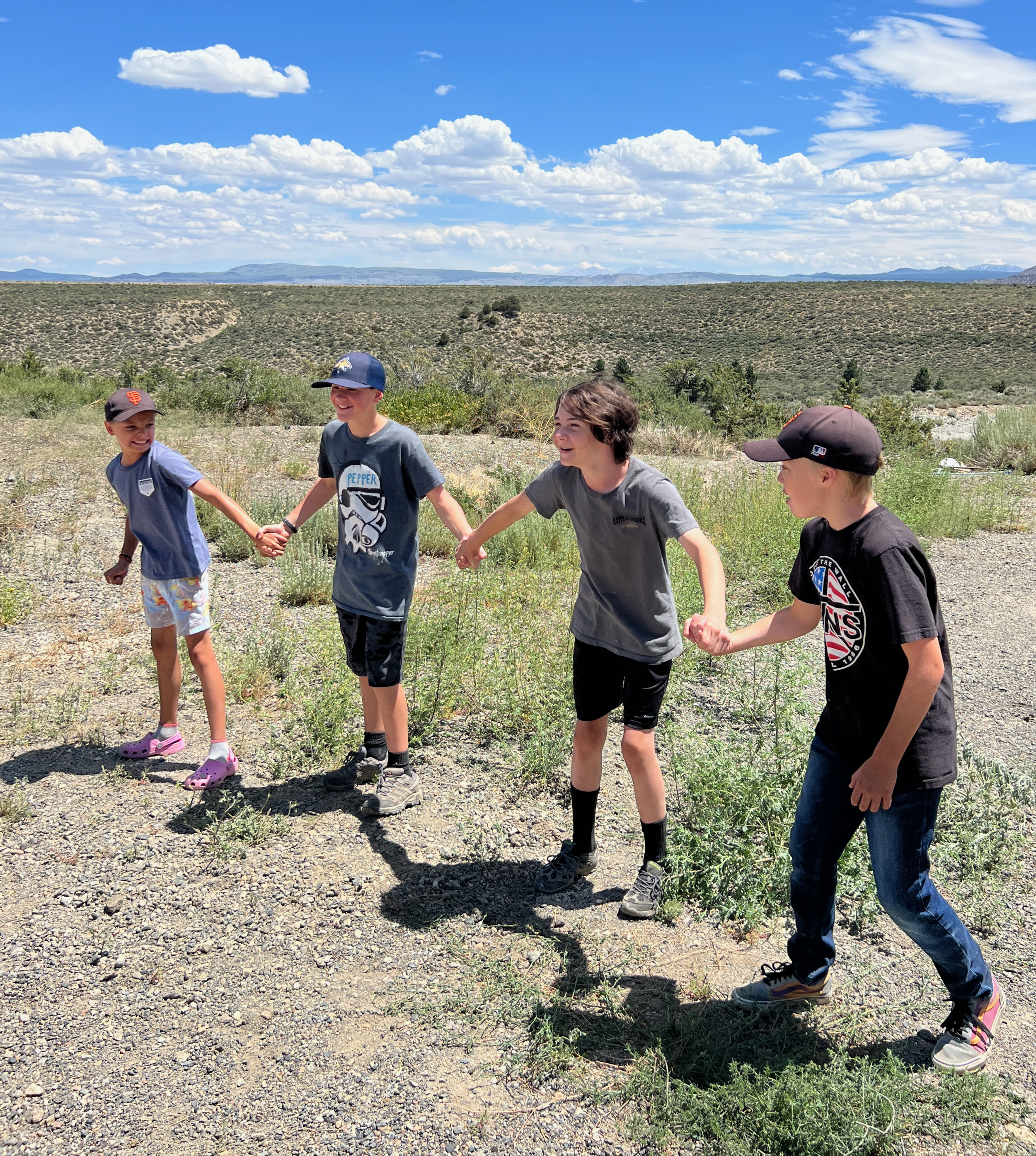 Four boys in a field with linked hands