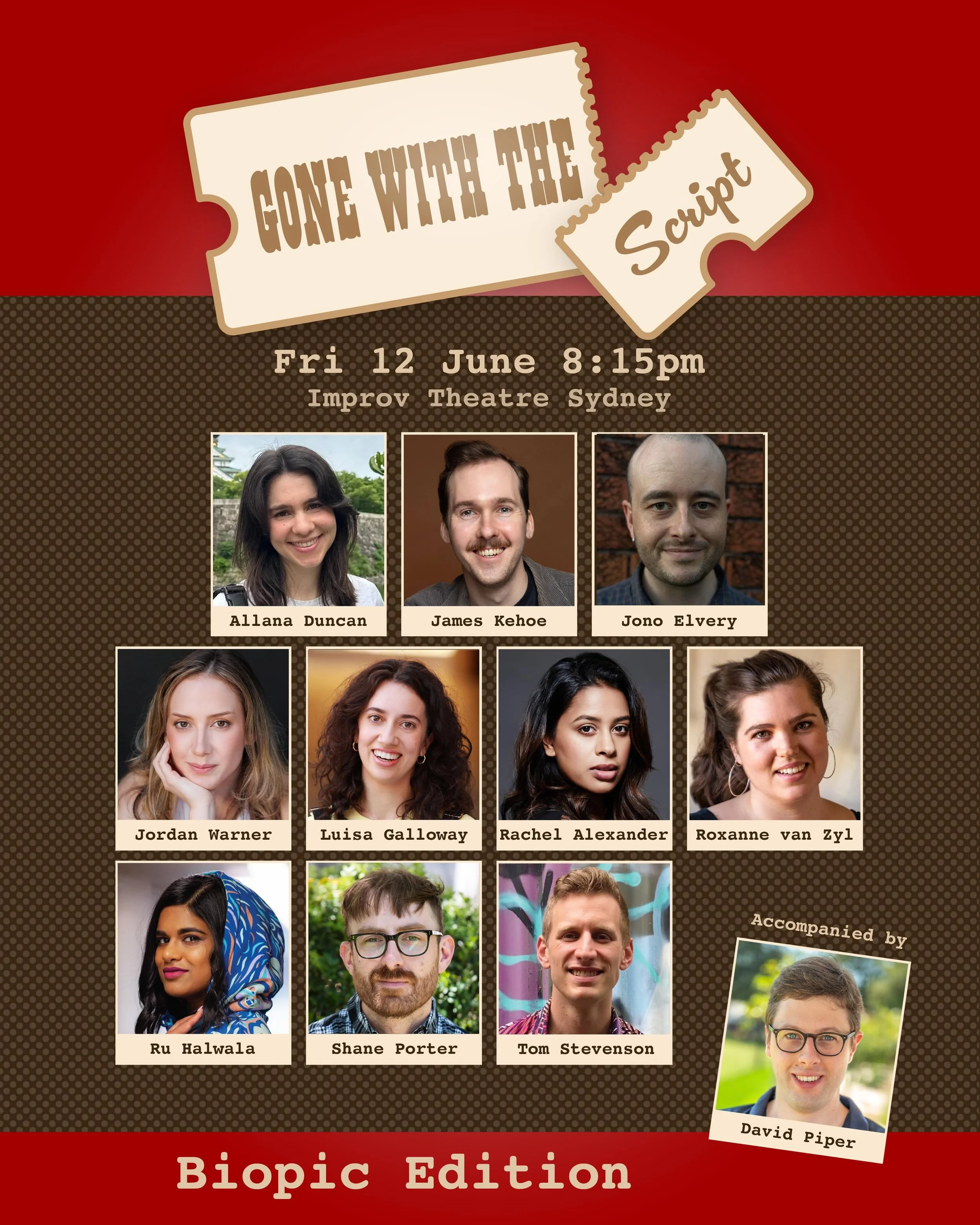 Gone with the Script&rsquo;s June Lineup is STACKED !!

Join us as we make up a Biopic on the spot, inspired by audience suggestions 🎬✨

Gone with the Script: an improvised movie
Friday June 12 8:15pm
Improv Theatre Sydney 

🎨 Artwork by @jordan_wa