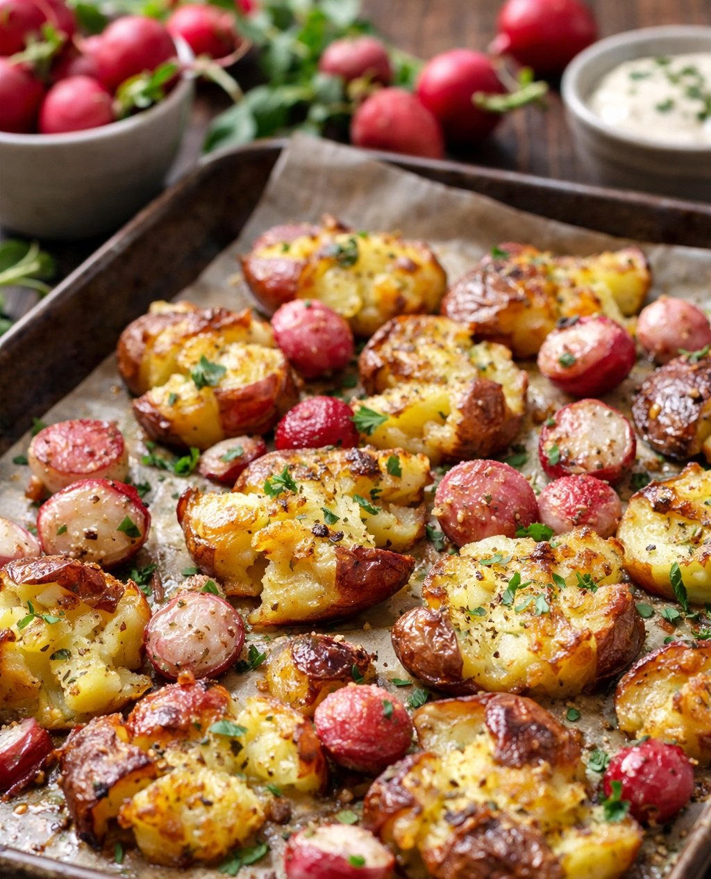 Week 4 – Crispy Smashed Red Potatoes &amp; Radishes