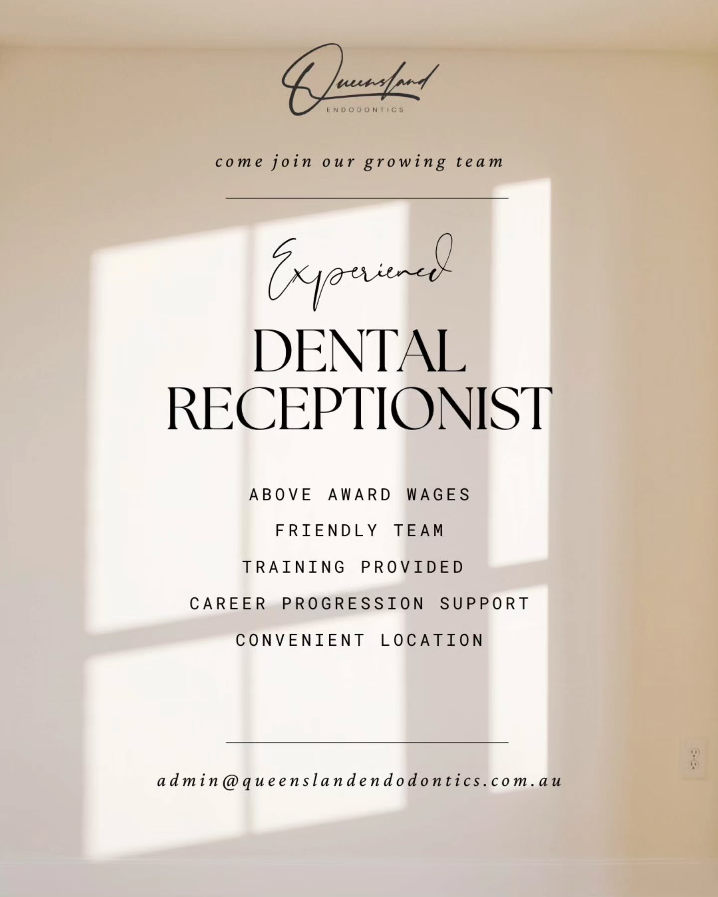 🪇 Join Our Growing Team 🪇

We're looking for an experienced DENTAL RECEPTIONIST to be another friendly face of our practice. If you're organised, outgoing, a people-person, and love helping others, we want to hear from you! 

Your main scope of dut