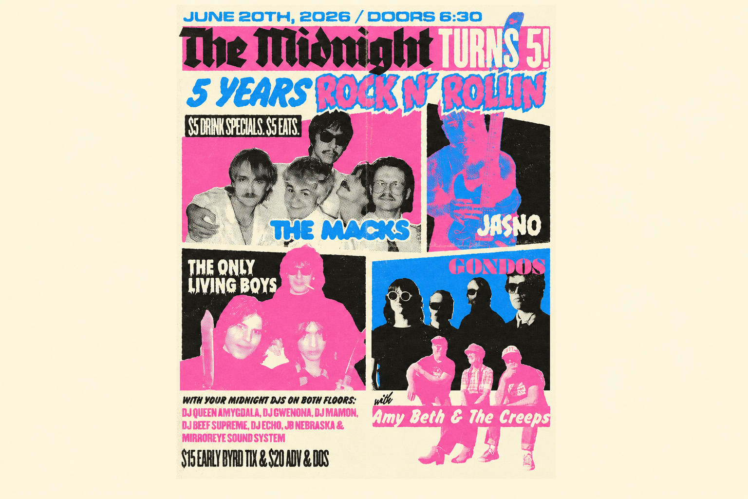 The Midnight Turns 5! The Macks with The Only Living Boys and Jasno (NYC) + Gondos + Amy Beth &amp; Thee Creeps
