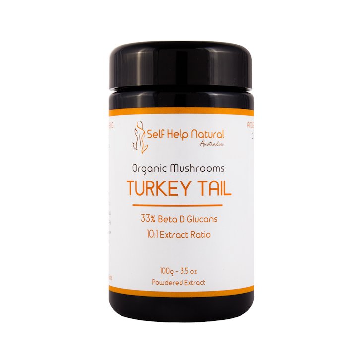 100 grams of organic Turkey Tail mushroom extract presented in a glass jar.