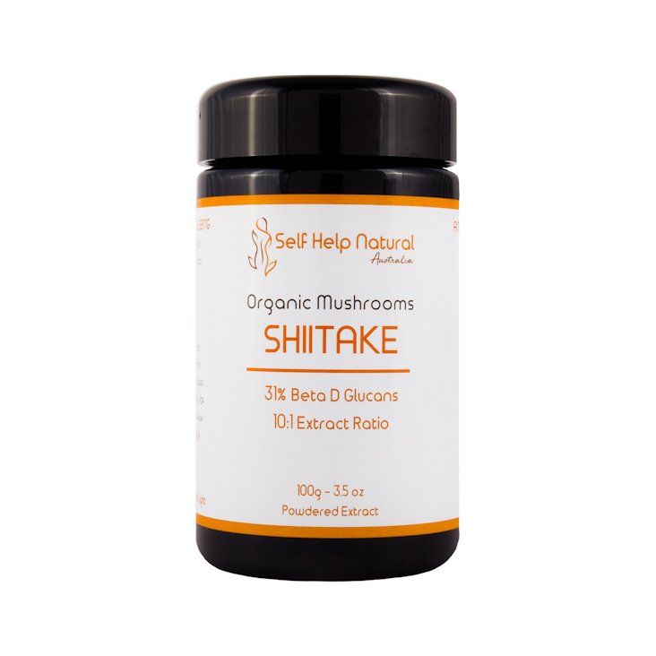 100 grams of organic Shiitake mushroom extract presented in a glass jar.