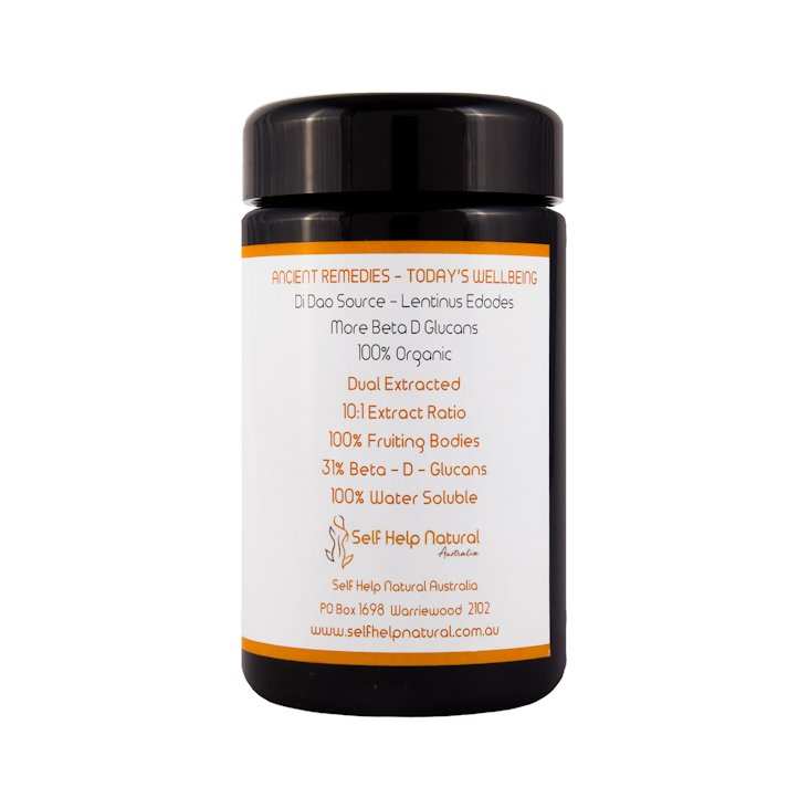 100 grams of organic Shiitake mushroom extract presented in a glass jar.