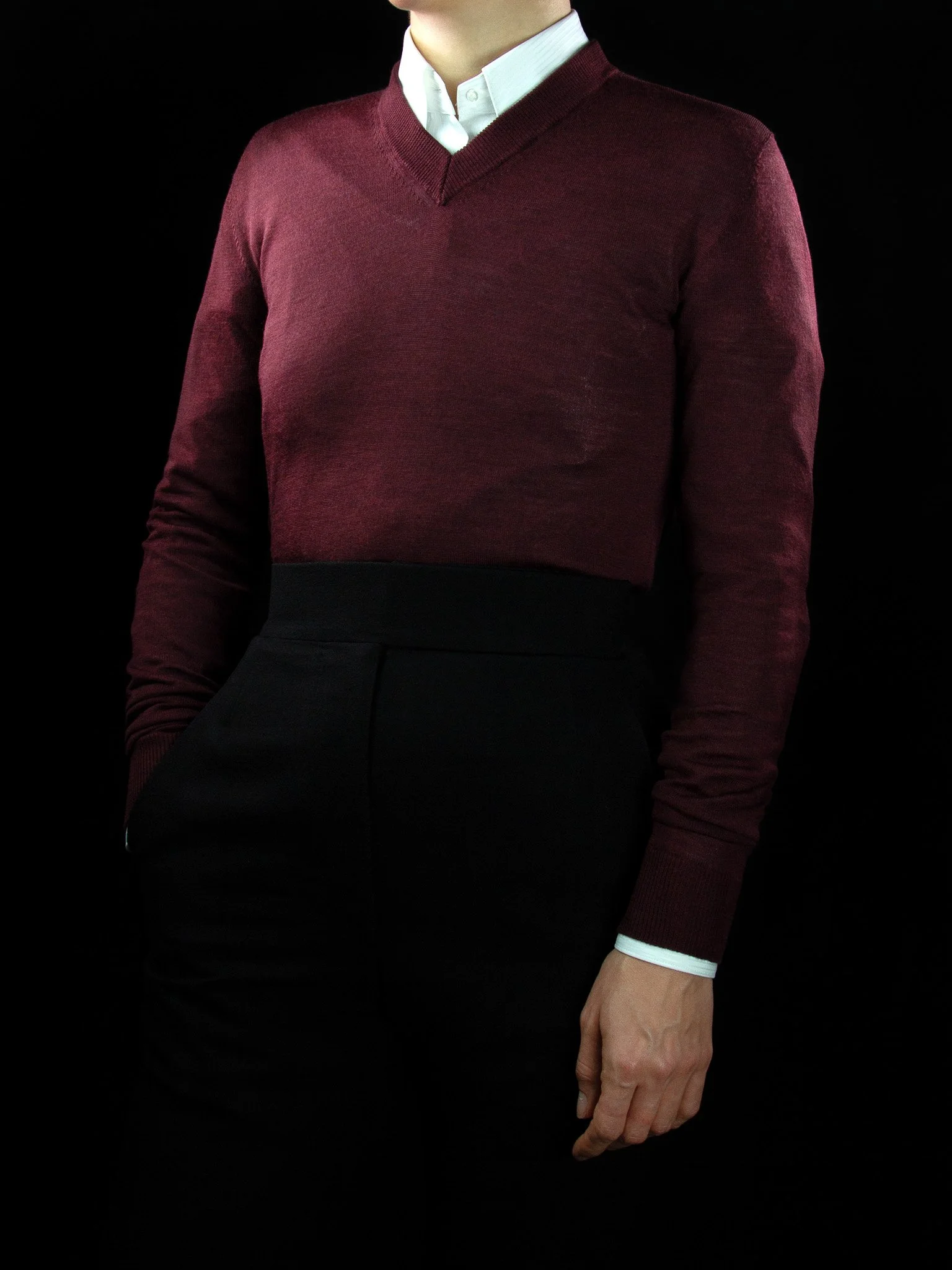 lawton-womens-V-neck-jumper-burdundy-worn-with-shirt-front.jpg