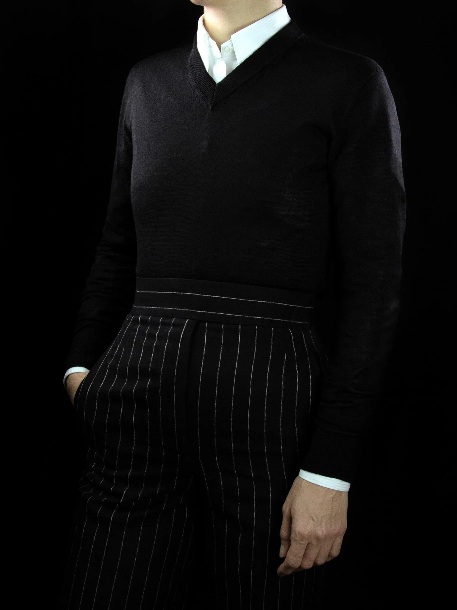 lawton-womens-V-neck-jumper-black-worn-with-shirt-front.jpg